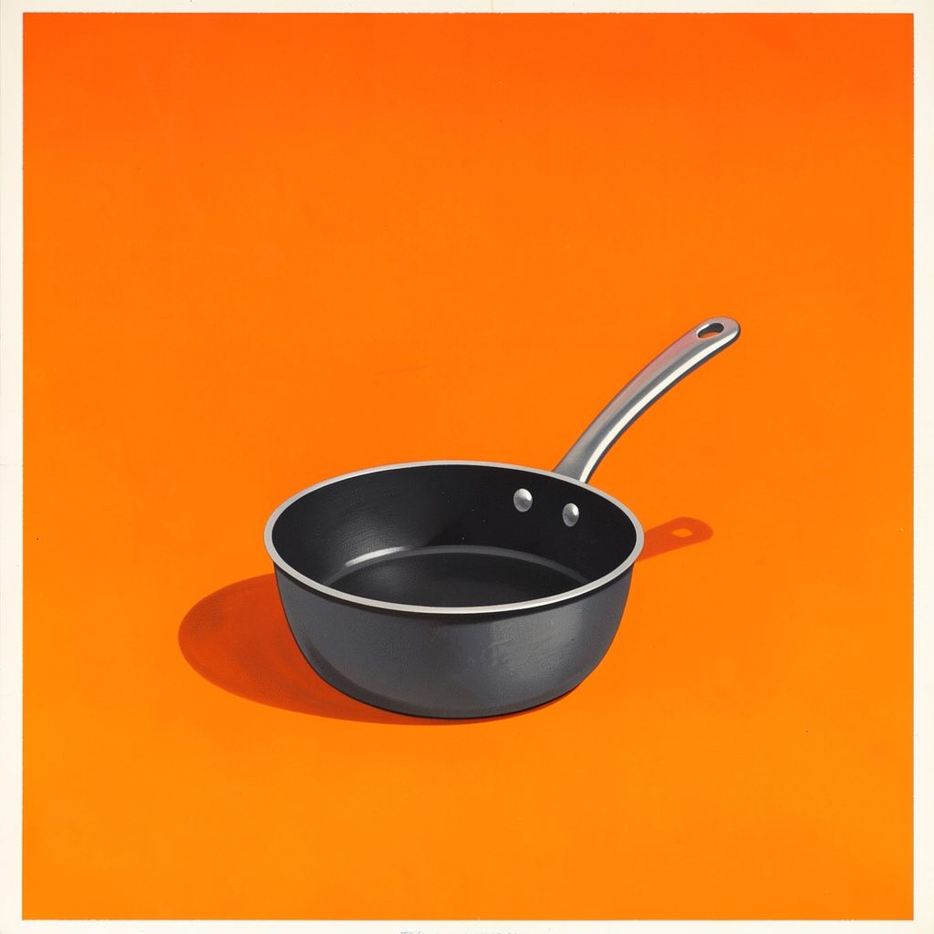 Matte gouache painting of a large stainless steel gas tilting bratt pan in a warm professional kitchen, brushed metal tones with soft gold highlights