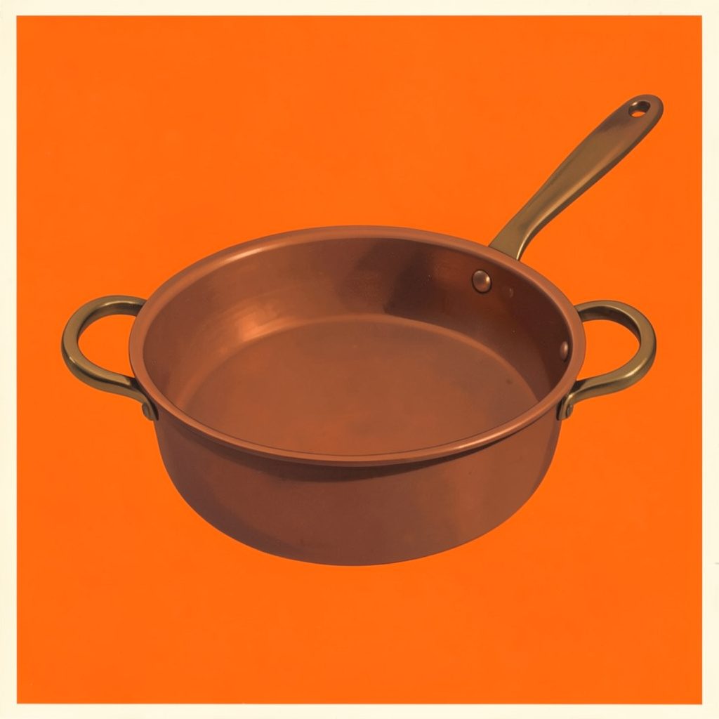Warm gouache painting of a copper three-ply roasting pan with bronze handles on a cream kitchen surface, soft golden light